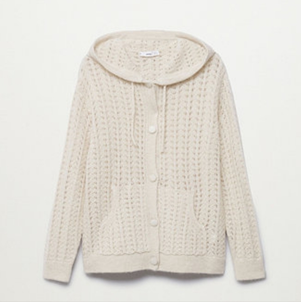 Mango Openwork Knit Hoodie Elegant Cream Cardigan Sweater Size M - Picture 12 of 12
